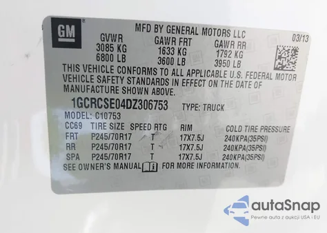 2013 Chevrolet Silverado 1500 Lt z USA, uszkodzony, nr VIN 1GCRCSE04DZ306753